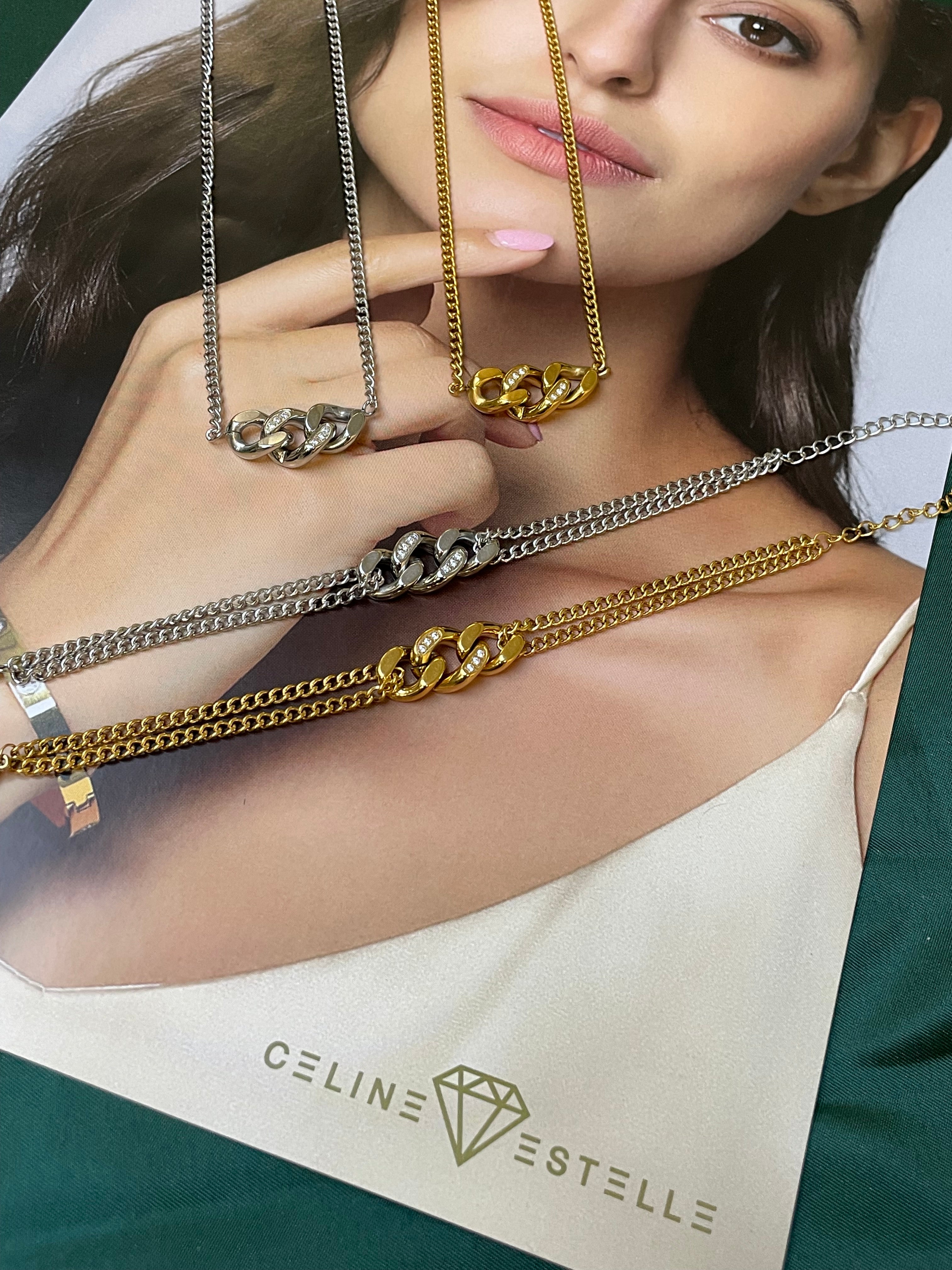 Stahlhalsband mit 18K Vergoldung + CZ 40+5 cm